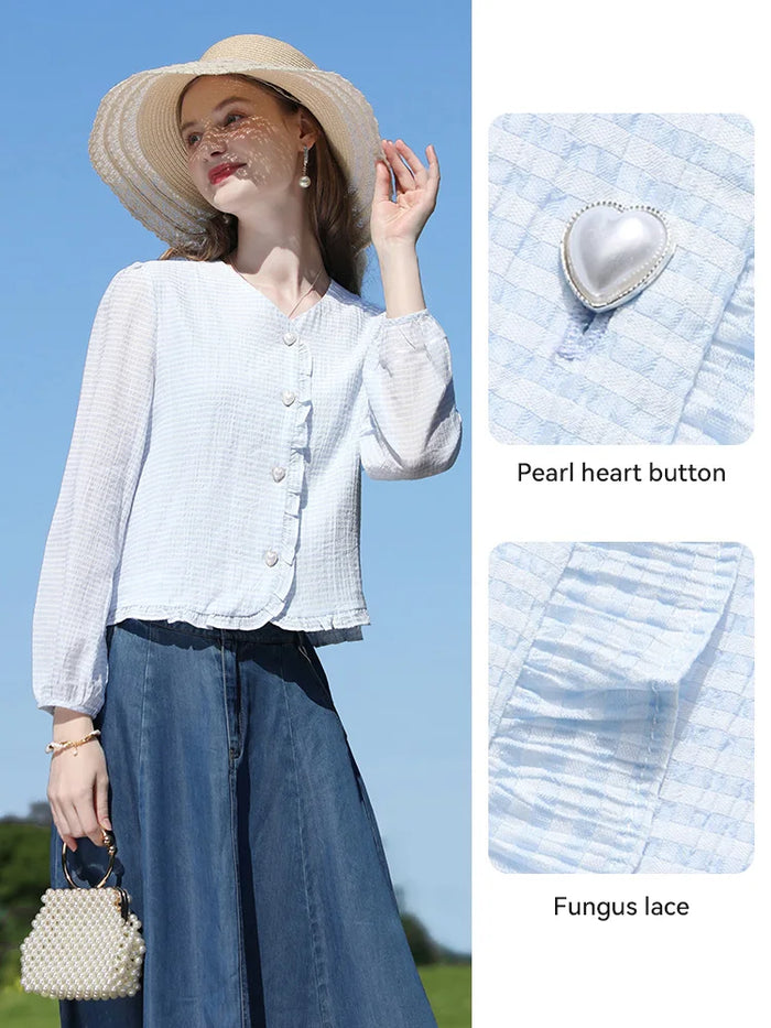 I BELIEVE YOU Women's Blouse Elegant Shirt Blue Color French Ruffled Trim V Neck Top Love Button Long Sleeves Blouse 2241055556