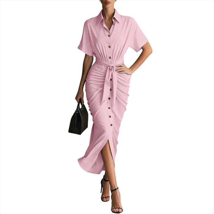 Lady Elegant A Line Dress Daily Business Style Ruffled Dress Single Breasted Short Sleeve Solid Color Cozy Lapel Women Dress