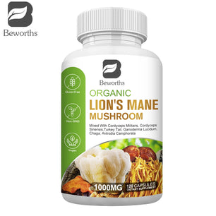 BEWORTHS Lion's Mane Mushroom Capsules with Ganoderma Lucidum Reishi Brain Supplement for Memory&Focus Relief Stress Better Mood