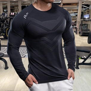Men's Sports Fitness Running Training Clothing - Spring and Autumn Elastic Breathable Long Sleeve T-shirt - Muscle Style