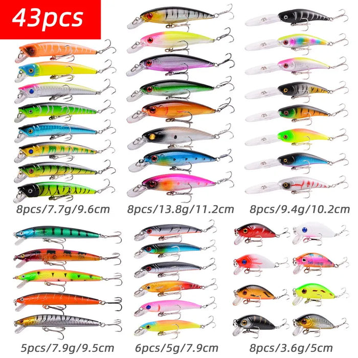 43pcs Mixed Fishing Lures Kit Minnow Hard Baits Crankbait Swimbait Fishing Lure Set Gear For Bass Pike Saltwater Freshwater