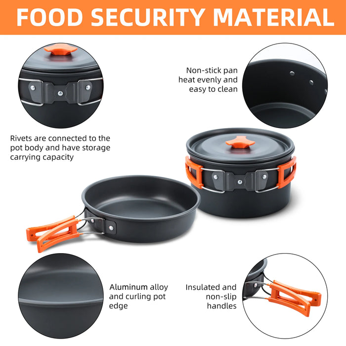 Outdoor Camping Cookware Set Portable Picnic Tableware Frying Pan Soup Pot Kettle Plate Knives Spoons Forks