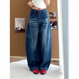 Women High Waisted Wide Leg Jeans Korean Retro Y2K Blue Casual Loose Floor Bending Knife Pants High Street Fashion New Trousers