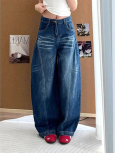 Women High Waisted Wide Leg Jeans Korean Retro Y2K Blue Casual Loose Floor Bending Knife Pants High Street Fashion New Trousers