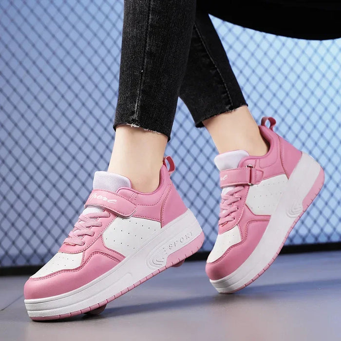 Kid Sneaker Hight Quality Leather Skate Board Shoes with Removeable Wheels Outdoor Roller Skate Sport Shoes for Older Boys Girls