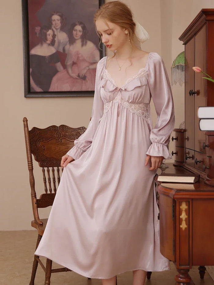 Ladies French Vintage Princess Sleepwear Women Spring Autumn Long Silk Pajama Nightdress Fairy Ruffles Lace Victorian Nightgowns