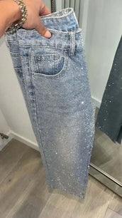 Jeans for Women Straight Diamonds Pants Stretch High Waist Washed Mom Jeans Vintage Denims Streetwear Y2k Streetwear Trousers