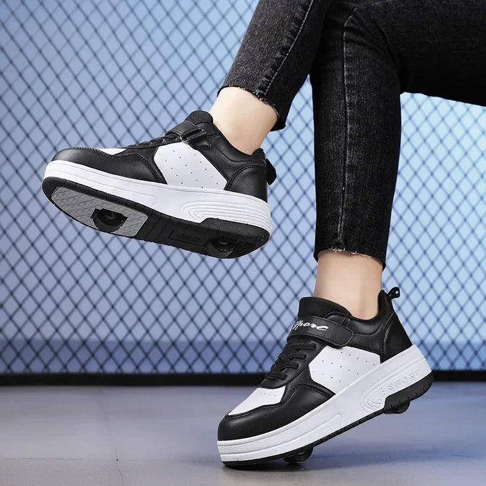 Kid Sneaker Hight Quality Leather Skate Board Shoes with Removeable Wheels Outdoor Roller Skate Sport Shoes for Older Boys Girls