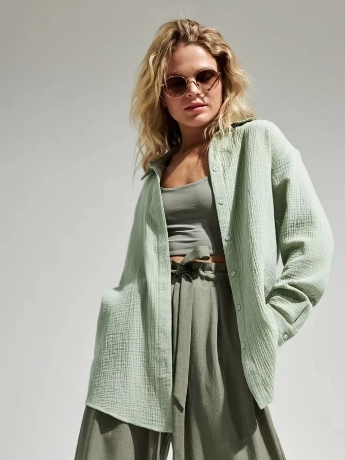 Women Blouse Long Sleeve Shirts Autumn 100% Cotton Loose Tops Lady Crepe Blouses Oversized Shirts 8 Colours Hemd Shirt S02