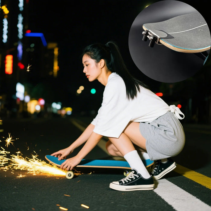 Fun Skateboard Party Accessories and Shooting Props, Including a Longboard Double Kick Skateboard, Spark Igniter, Easy-To-Install No-Drill Skateboard Spark Slider Device, Perfect for Skateboard Enthusiasts, Ideal for Nighttim