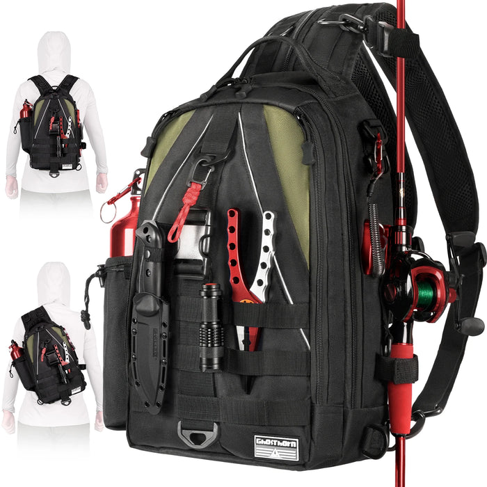 Fishing Backpack Tackle Sling Bag - Fishing Backpack with Rod Holder - Tackle Box Fly Fishing Gifts for Men Women