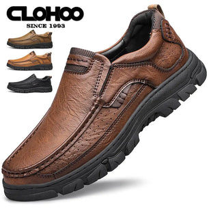 CLOHOOMen's Casual Loafers Handmade Breathable Leather Shoes with Thick Rubber Sole Comfortable Footwear Classic Hand Sewn Seams