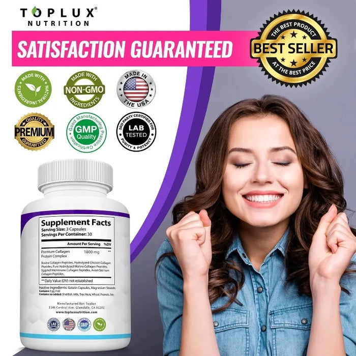 Collagen Peptides 1800mg - Improves Skin Texture and Moisturizes It, Maintains Healthy Skin, Hair, and Nails, Antioxidant
