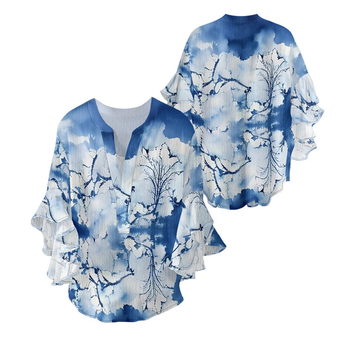 Women's Bohemian Style Blouse Light Blue White Gradient Color Print V-Neck Ruffled Bell Sleeve Chiffon Shirt for Summer Fashion