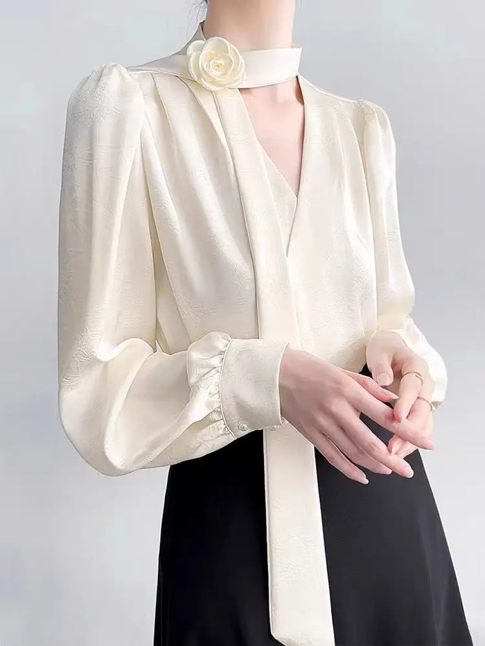 2025 New Ladies' Clothes French Elegance Rose Bow Long-Sleeve Blouse Women’s Chic Spring/Autumn Top Satin High Quality Clothing
