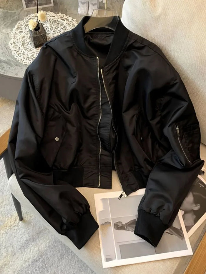 Ladies Fashion Bat Sleeves Top Coat Spring Autumn Female Zipper Short Jacket Retro Women Solid Color Outwear