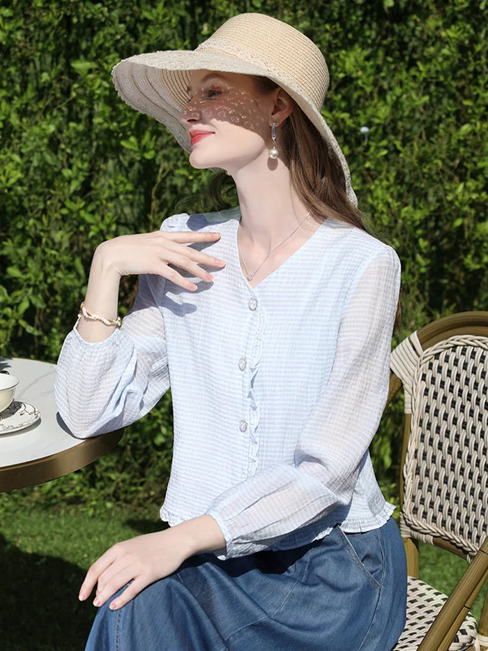 I BELIEVE YOU Women's Blouse Elegant Shirt Blue Color French Ruffled Trim V Neck Top Love Button Long Sleeves Blouse 2241055556