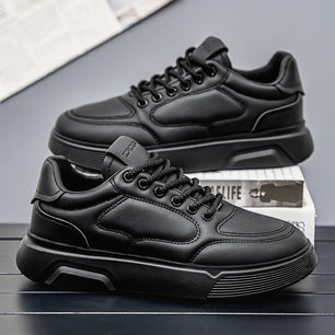 Men's Simple Preppy Style Black Leather Spliced Front Strap Skateboard Shoes, Outdoor Casual, Comfortable and Versatile Sports S