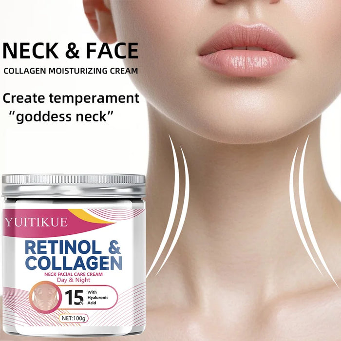 Collagen Neck Cream: Contains 15% hyaluronic acid, moisturizes day and night, firms the skin, enhances elasticity, 100g