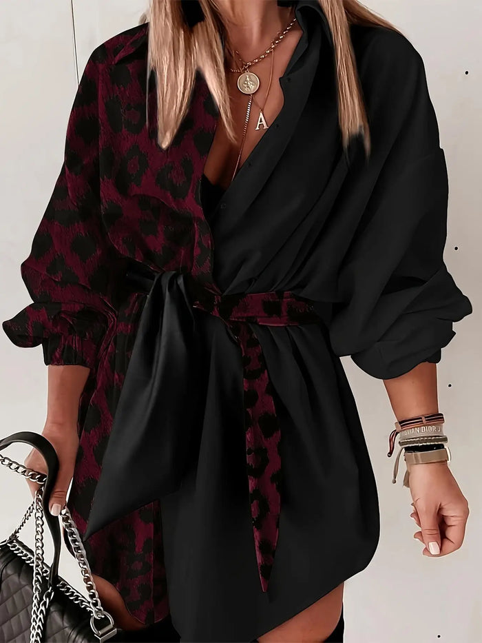 Ladies' Elegant Fashion Leopard Print Collar Shirt Dress Casual Long Sleeve Button Front Dress Women's Stylish Outfit