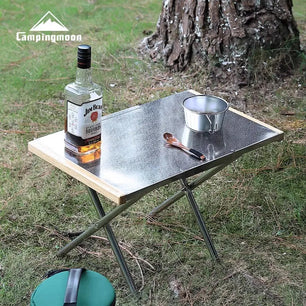 Portable Outdoor Camping Table with Storage Bag, Stainless Steel, Wooden Side, BBQ and Picnic