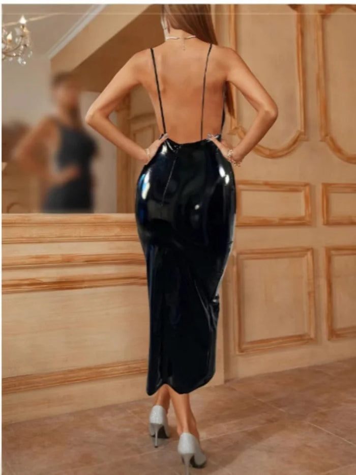 PU Leather Ladies Halter Dresses Pure Color Sexy V-Neck Sleeveless Backless Top Women's Spaghetti Strap Long Bodycon Dress