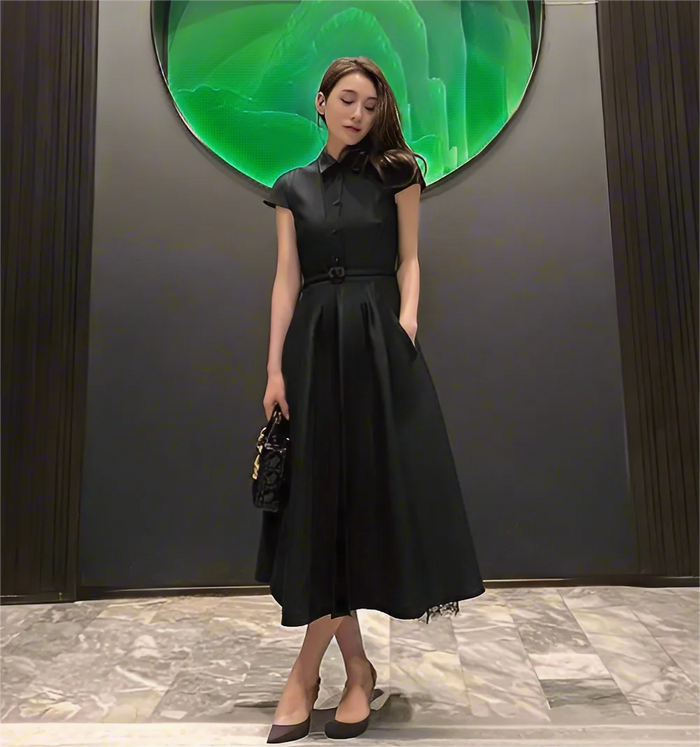 Ladies fashion French dress, Hepburn commuter dress, solid color short-sleeved umbrella dress, black short-sleeved shirtdress