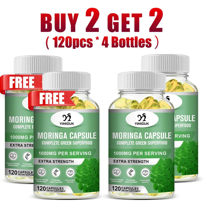 Buy 1 Get 1 Free! Premium Moringa Oleifera Supplement, for Skin Glow, Energy & Blood Sugar Balance, Powerful Detox, Women & Men
