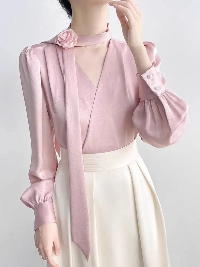 2025 New Ladies' Clothes French Elegance Rose Bow Long-Sleeve Blouse Women’s Chic Spring/Autumn Top Satin High Quality Clothing