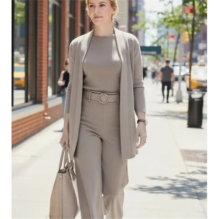 Elegant Ladies Clothing 3 Pieces Set Autumn White Long Cardigan Coat And Wide Leg Pants Sets T-shirt  Three-piece Outfit Women