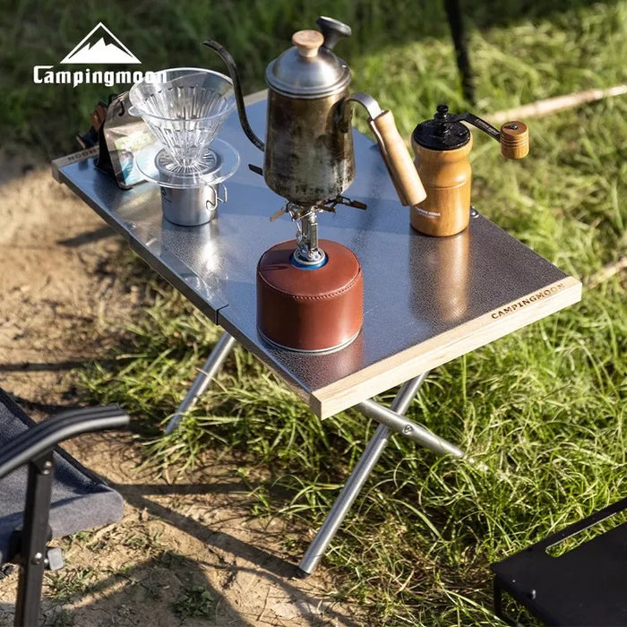 Portable Outdoor Camping Table with Storage Bag, Stainless Steel, Wooden Side, BBQ and Picnic