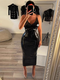 PU Leather Ladies Halter Dresses Pure Color Sexy V-Neck Sleeveless Backless Top Women's Spaghetti Strap Long Bodycon Dress