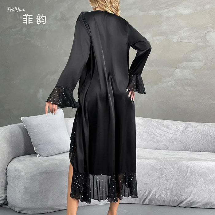 Ladies New Fashion V-neck Long-sleeved Sequined Pajamas Female Satin Nightgown Home Clothes Pijamas Women