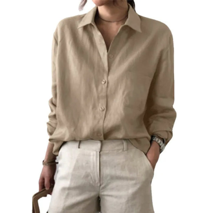 Women Blouses Turn Down Collar Vintage Button Shirts Cardigan Solid Long Sleeve Shirt Outerwear Office Lady Elegant Regular
