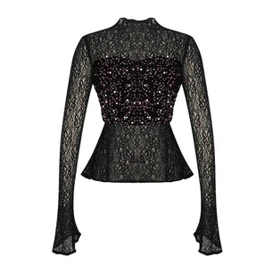 Women's Clothing Chic Black Lace Sexy T-Shirt Ladies Elegant Perspective Short Blouses Sequin Tops Bottom Pullover Jumper Party
