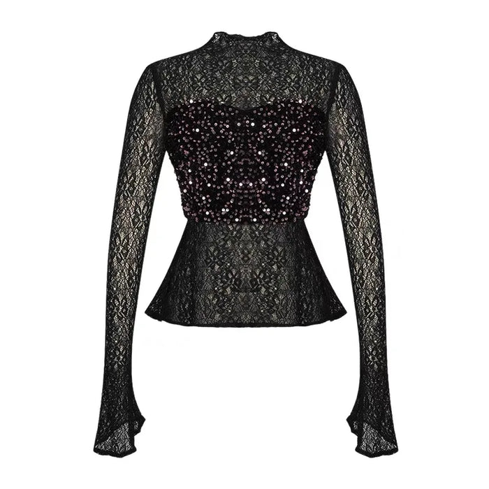 Women's Clothing Chic Black Lace Sexy T-Shirt Ladies Elegant Perspective Short Blouses Sequin Tops Bottom Pullover Jumper Party
