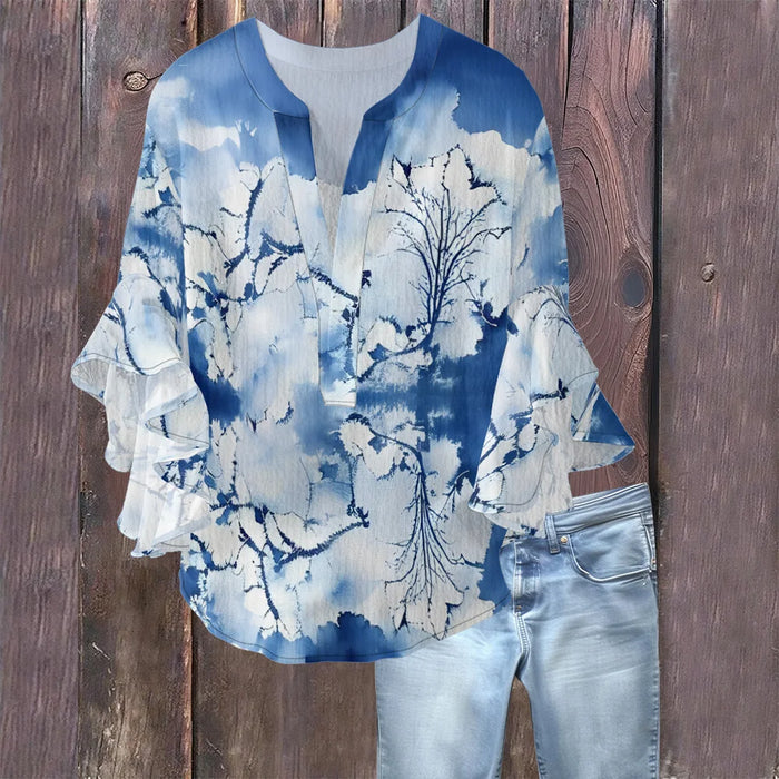 Women's Bohemian Style Blouse Light Blue White Gradient Color Print V-Neck Ruffled Bell Sleeve Chiffon Shirt for Summer Fashion