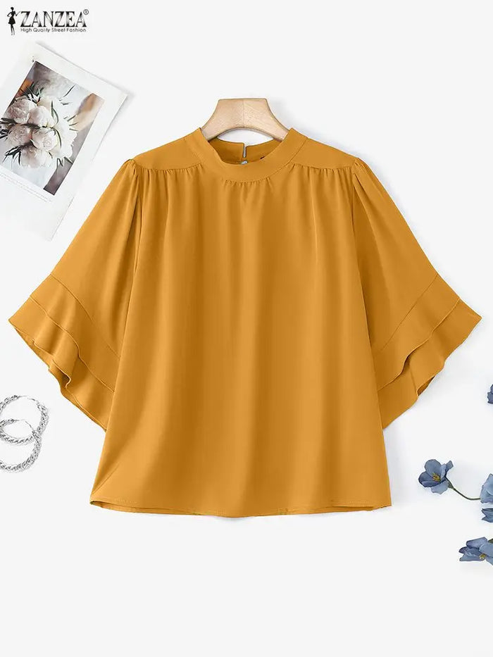 Women Blouse ZANZEA Elegant Office Lady Ruffled Shirts Half Sleeve Solid Casual Fashion Tops 2025 Summer OL Blusas Femininas