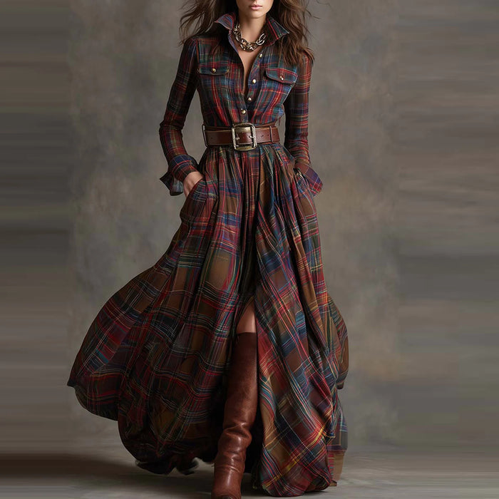 Ladies' High-end Fashion French Vintage Check Waist-cinching Slimming Asymmetrical Long-sleeved Dress Chic Streetwear Clothes