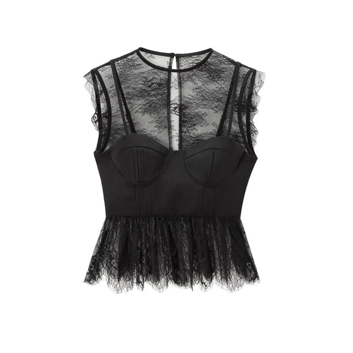 Women's Blouses with Lace, O Neck, Sleeveless, Side Zipper, Female Shirts, Sexy Fashion, Chic Tops