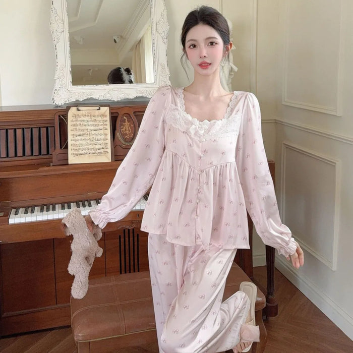 Women Elegant Lace Square Collar 2PCS Pajamas Suit Loungewear Vintage Princess Style Homewear Top Pants Rayon Nightwear