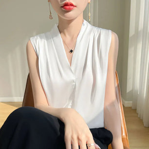 Womens Tops Blouses Solid Color White Satin Blouse Office Shirt Blusas Sleeveless Women Shirts Black White Female YTM A31