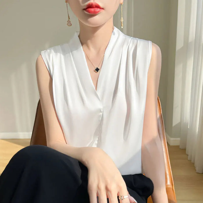 Womens Tops Blouses Solid Color White Satin Blouse Office Shirt Blusas Sleeveless Women Shirts Black White Female YTM A31