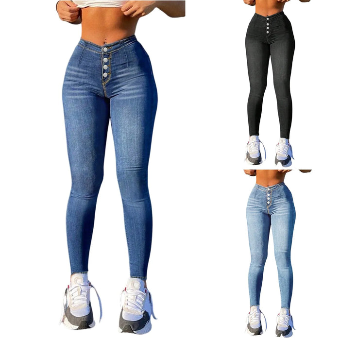 Women's Skinny Jeans Casual Fashion High waisted slim fit jeans Solid color denim trousers Button Jeans Female Denim Pants