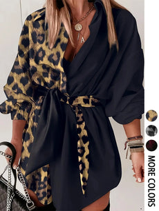 Ladies' Elegant Fashion Leopard Print Collar Shirt Dress Casual Long Sleeve Button Front Dress Women's Stylish Outfit