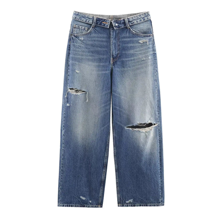 HH Women's 2025 New Fashion Retro Versatile Mid-Waist Turn-Down Jeans Female High Street Casual Ripped Decorative Wide Leg Pants