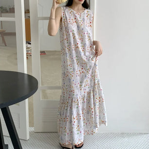Ladies Summer Spwear Cotton Silk Thin Svel Casual Long Dr round Ne Single Button Print Home Comfortable Faion...