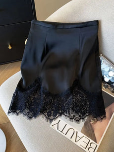 Ladies Fashion Lace Patchwork Satin A-line Skirt Summer High Waist Solid Color Temperament Skirt Women Clothes Simplicity Skirt