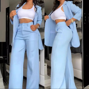 Ladies' elegant temperament, solid color, split sleeves, lapel suit, straight leg pants set, women's