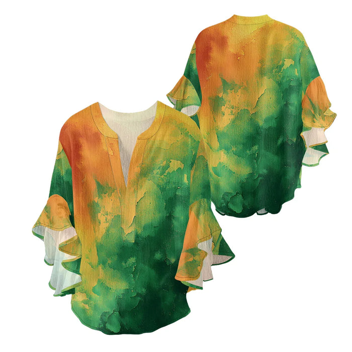 Women's Bohemian Style Blouse Light Blue White Gradient Color Print V-Neck Ruffled Bell Sleeve Chiffon Shirt for Summer Fashion